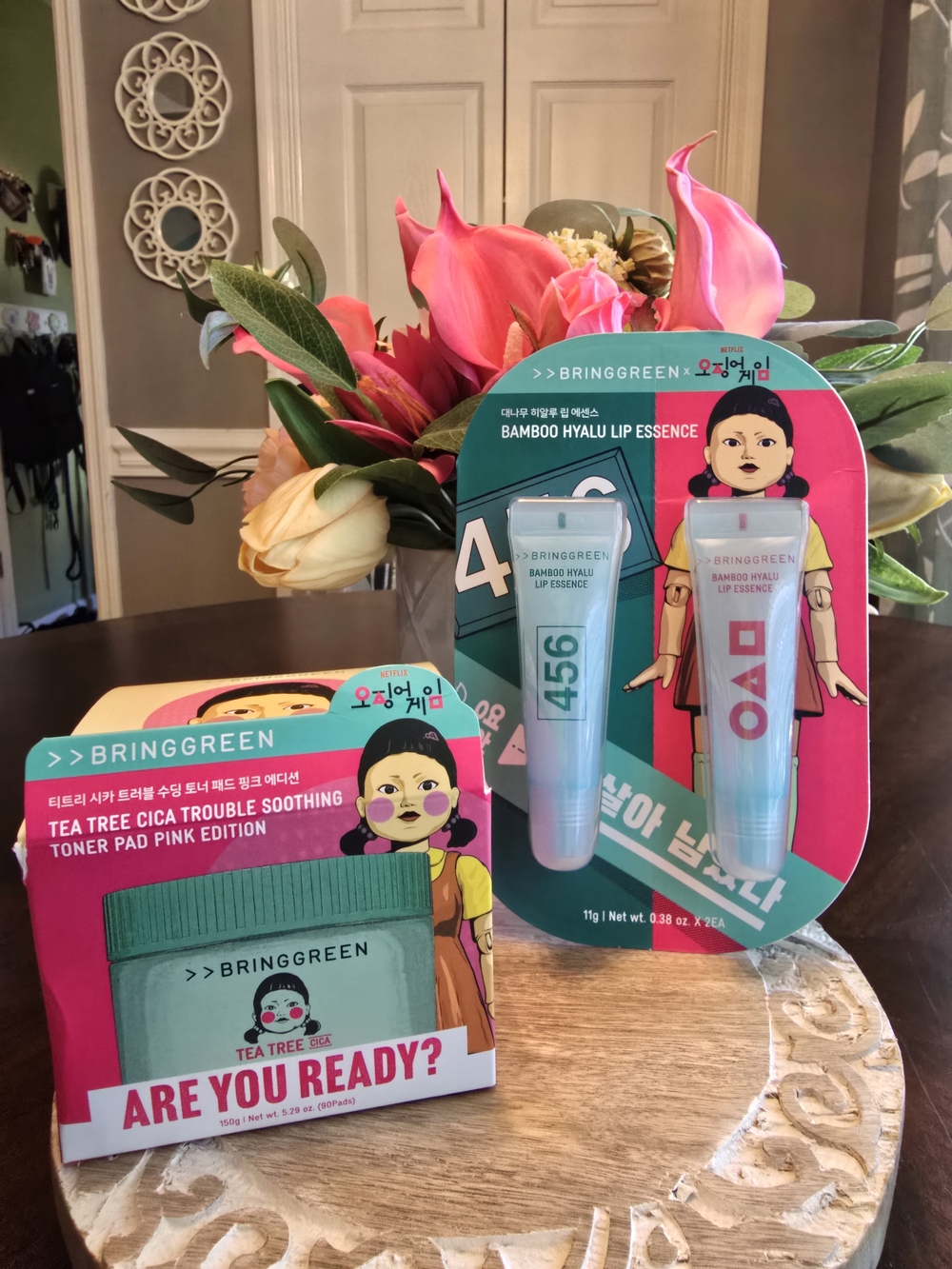 Bringgreen 2 Pcs Soothing Toner Pads. Bamboo Hyalu Lip Essence - Pink & Teal Set